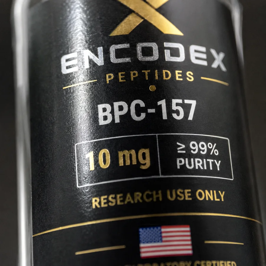 Macro close-up of the vial label, dosage and purity marking in focus