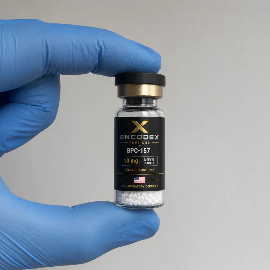 Vial held between gloved fingertips, showing its small size