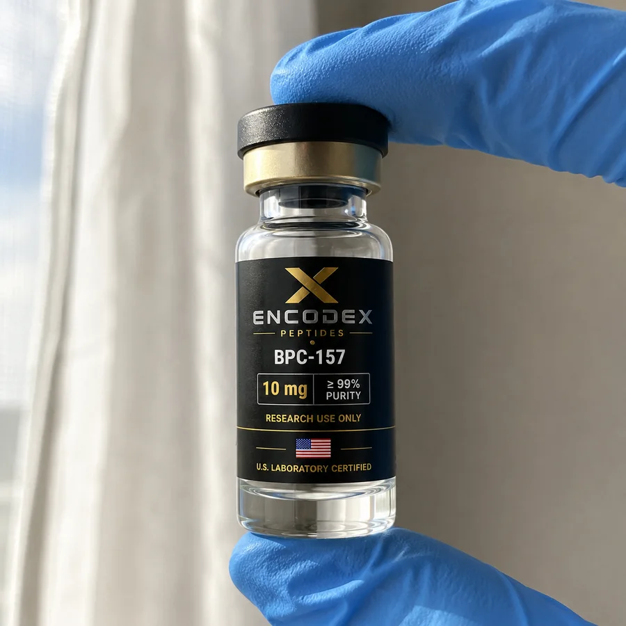 Vial after reconstitution, clear colourless solution held against the light