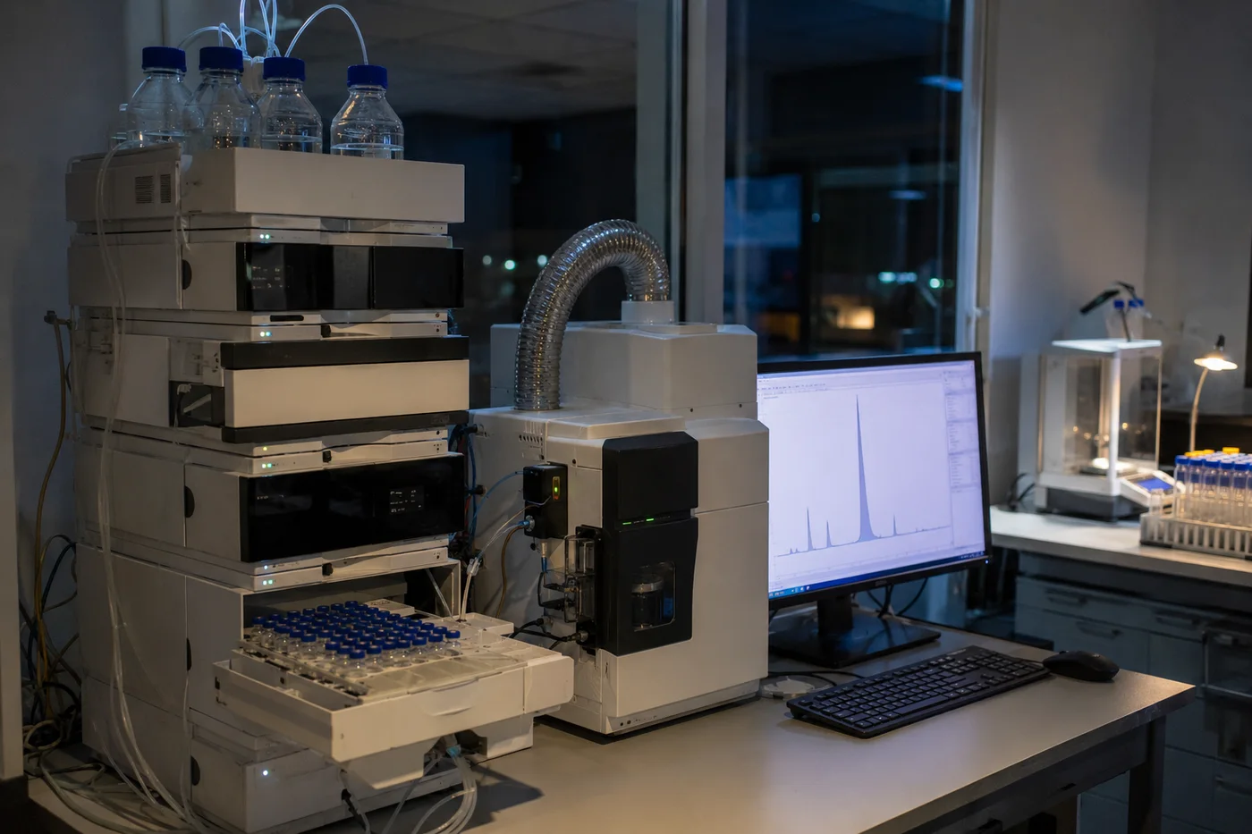 HPLC system and benchtop mass spectrometer on an analytical laboratory bench, chromatogram on the monitor